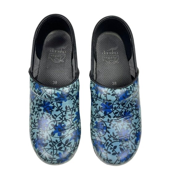 Dansko Floral Clogs Blue Flower Print Vegan Sz 38 US 7.5-8 Comfort Nurse Shoes - Picture 4 of 9